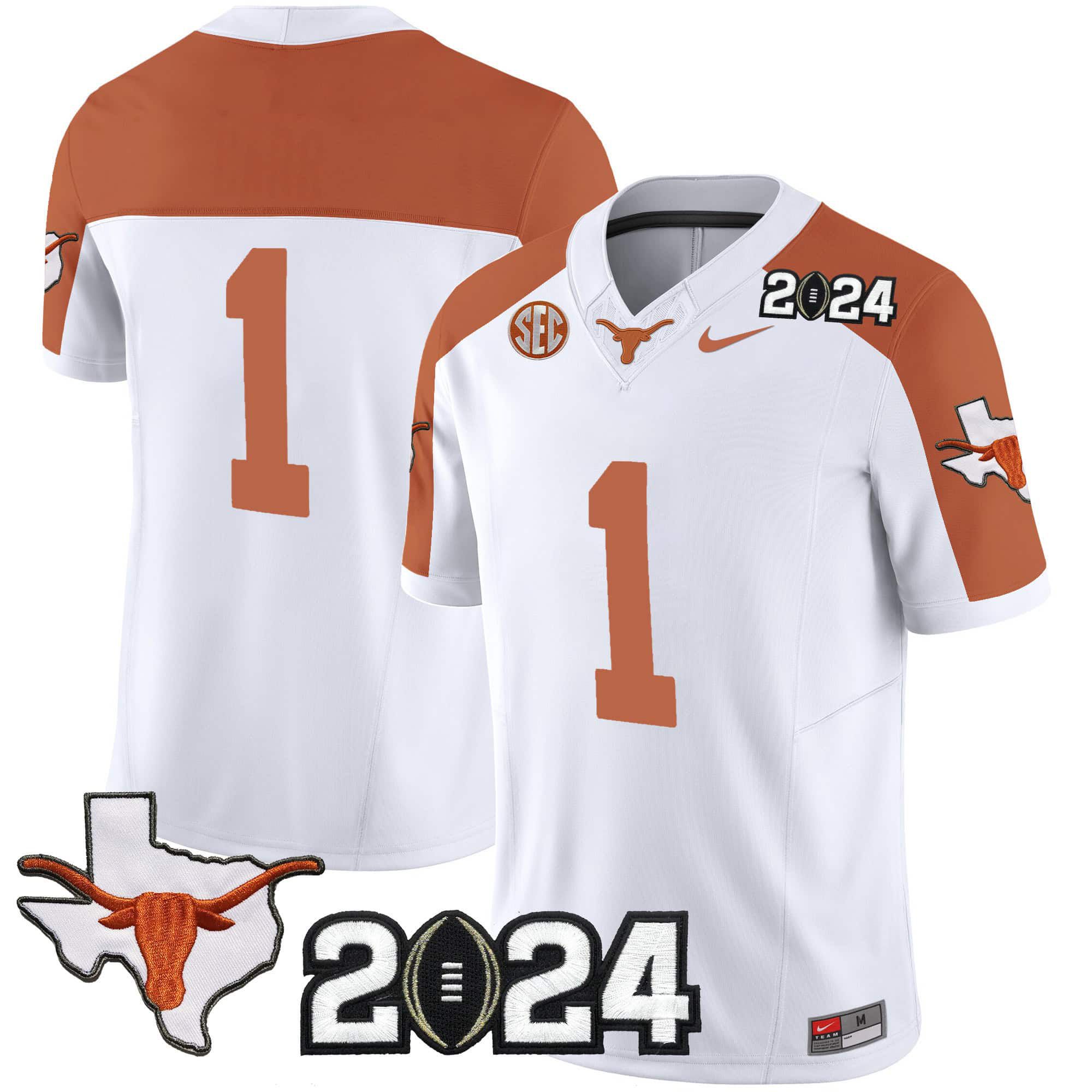 Men Texas Longhorns #1 No Name White 2024 Nike Vapor Limited NCAA Jersey style 1